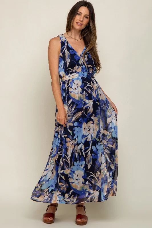 Long-sleeve DressNavy Floral Pleated Waist Maternity Maxi Dress