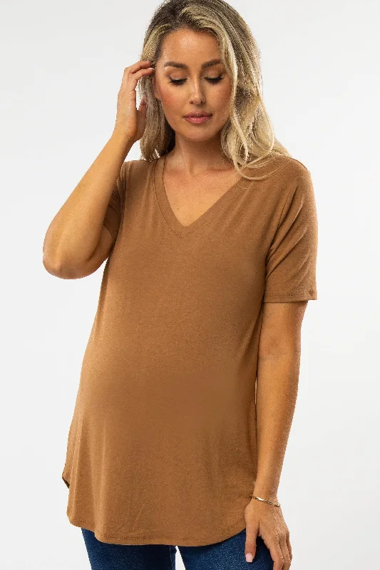 Boat Neck Short Sleeve TopsCamel V-Neck Maternity Short Sleeve Round Hem Top