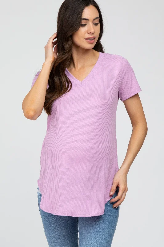 Casual Short Sleeve TopsLavender Ribbed V-Neck Short Sleeve Maternity Top