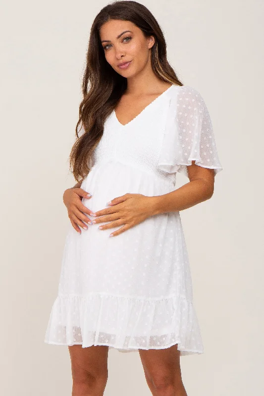 High-Fashion Short Sleeve TopsWhite Swiss Dot Chiffon Smocked Short Sleeve Maternity Dress