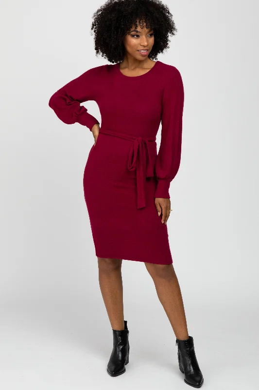 Evening DressBurgundy Soft Brushed Waist Tie Bubble Sleeve Dress