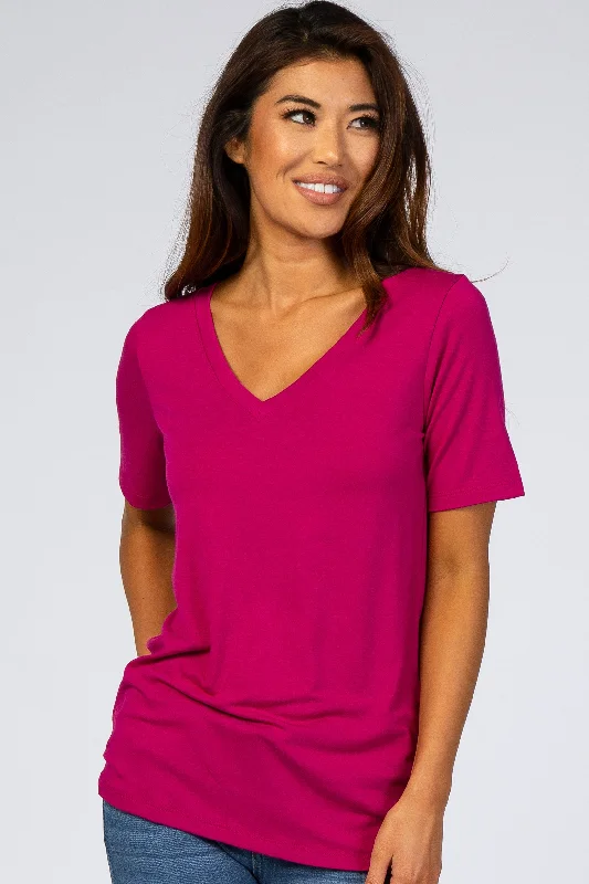 Jersey Short Sleeve TopsMagenta V-Neck Short Sleeve Basic Top