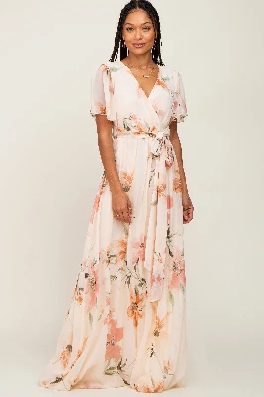 Silk Short Sleeve TopsCream Floral Chiffon Wrap Front Short Sleeve Maxi Dress