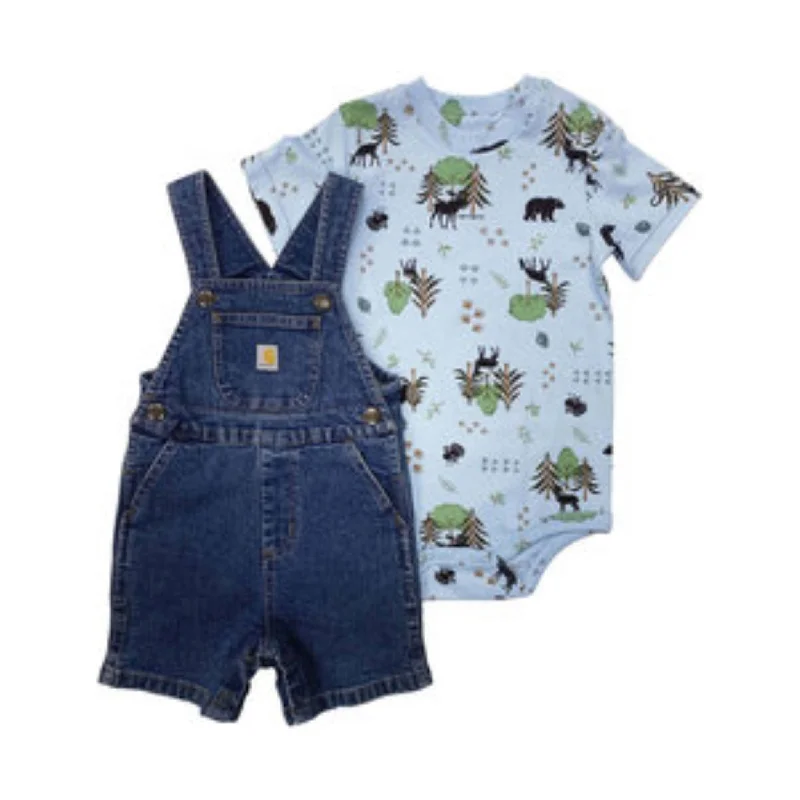 College Short Sleeve TopsCarhartt Boys' Infant Short Sleeve Printed Bodysuit And Denim Shortall Set - Denim Medium Wash