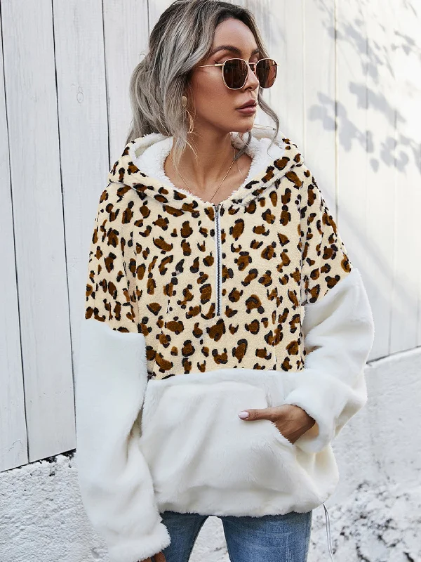 Leopard Half-Zip Dropped Shoulder HoodieStretch-Knit Sweatshirts