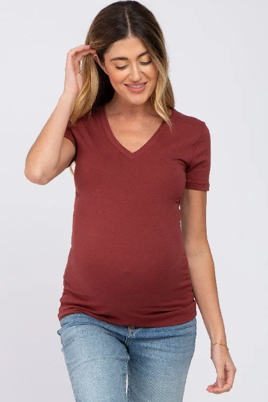 Organic Cotton Short Sleeve TopsRust V-Neck Short Sleeve Maternity Top