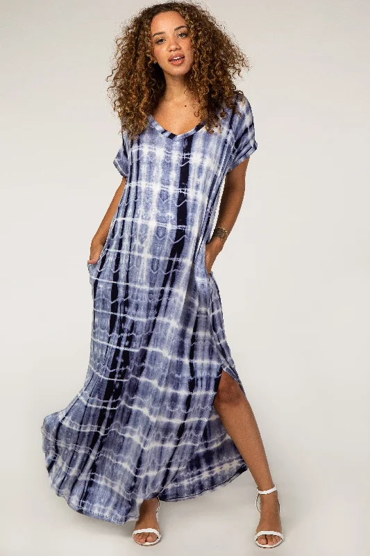 Retro Short Sleeve TopsNavy Blue Tie Dye Short Sleeve Maternity Maxi Dress