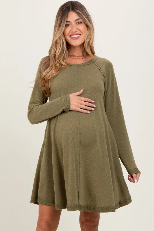 CrewneckqualityOlive Crew Neck Flared Fit Long Sleeve Maternity Mini Dress