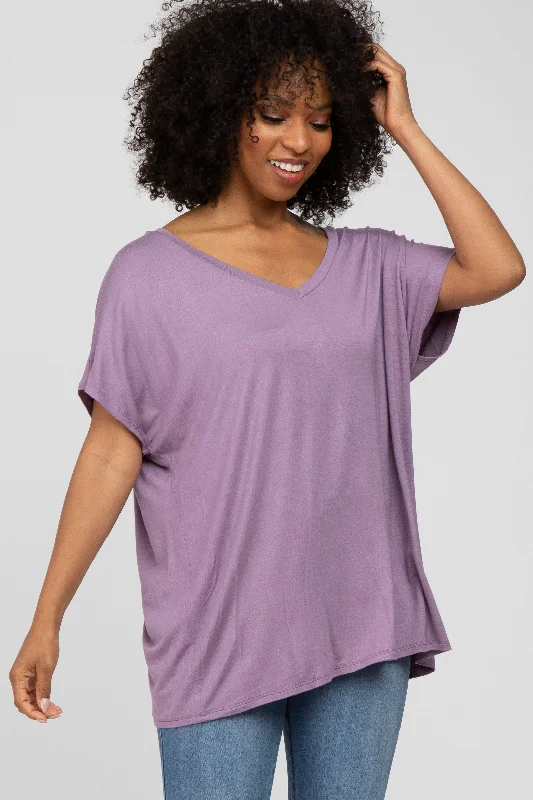 College Short Sleeve TopsLavender V-Neck Oversized Short Sleeve Top