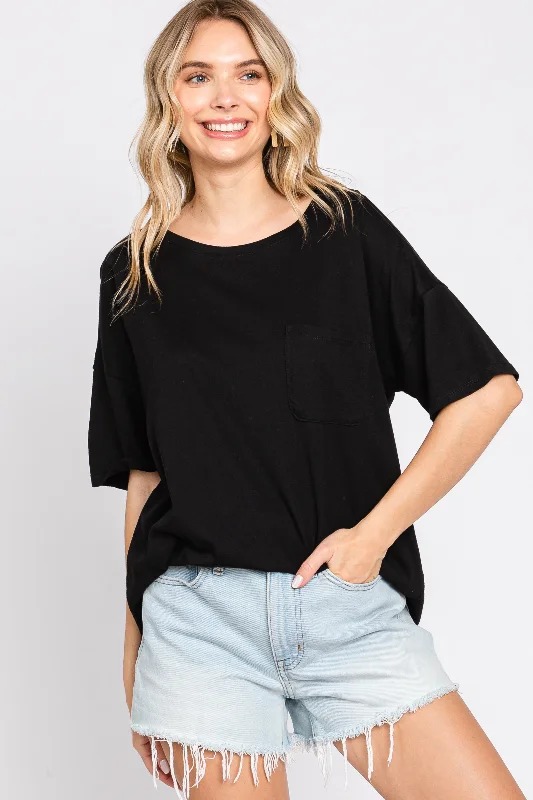 Logo Short Sleeve TopsBlack Short Sleeve Pocketed Top