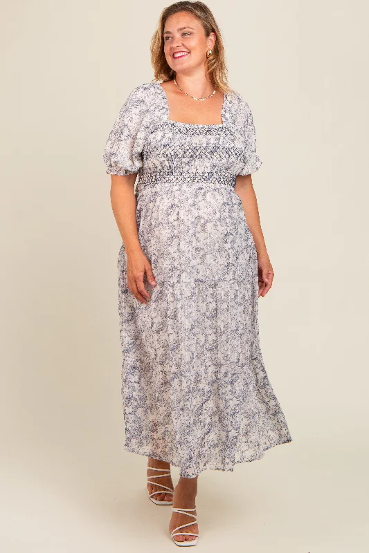 Geometric DressNavy Floral Embroidered Smocked Maternity Midi Dress