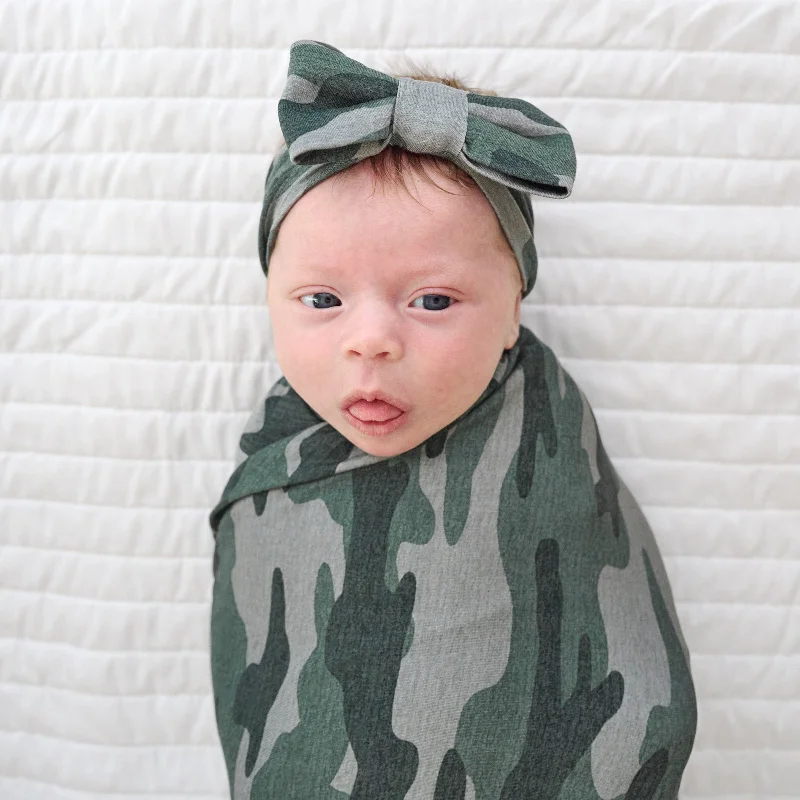 Vintage Camo Swaddle & Luxe Bow Headband Set