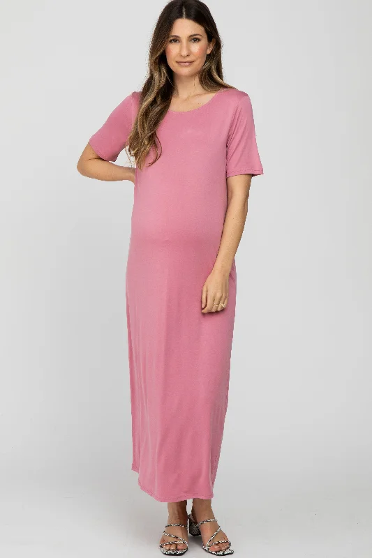 Crewneck Short Sleeve TopsMauve Short Sleeve Maternity Midi Dress