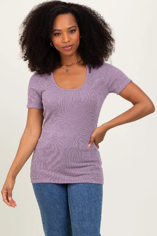 Embroidered Short Sleeve TopsMauve Solid Ribbed Short Sleeve Round Neck Basic Top