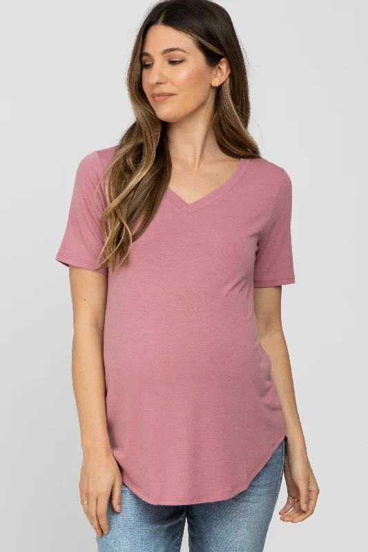 Hemp Short Sleeve TopsDark Pink V-Neck Maternity Short Sleeve Round Hem Top