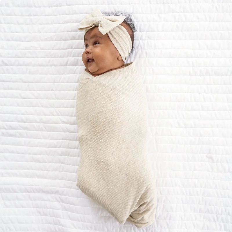 Heather Oatmeal Ribbed Swaddle & Luxe Bow Headband Set