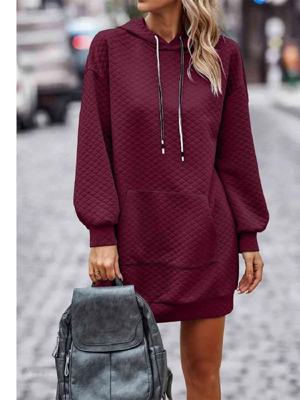 WINE L Textured Drawstring Tunic HoodieFringed Hoodies