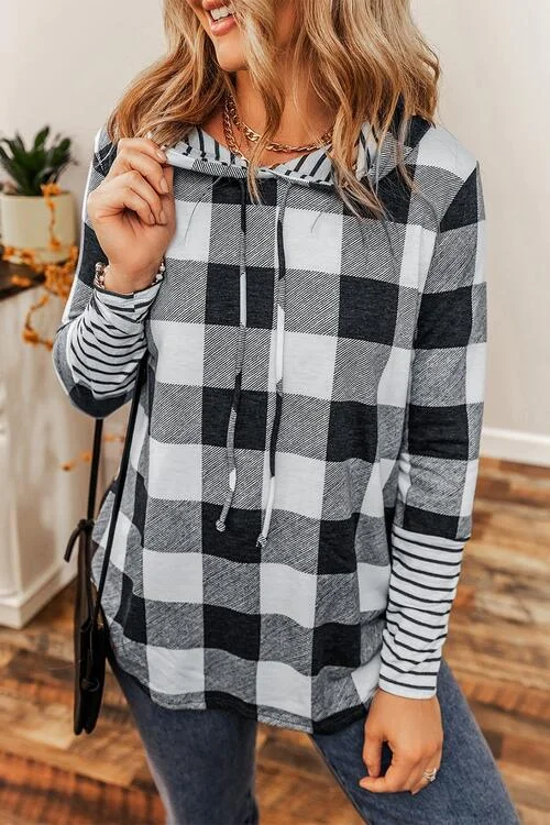 Plaid Drawstring Long Sleeve HoodieLace-Up Hoodies