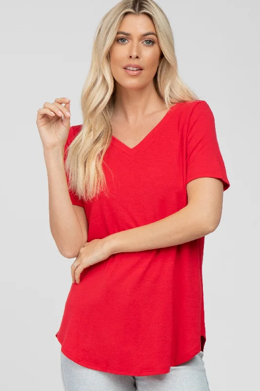 Printed Short Sleeve TopsRed V-Neck Short Sleeve Round Hem Top