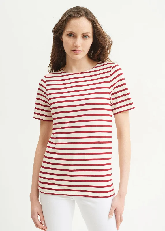 Linen Short Sleeve TopsLEVANT MODERN - Breton Stripe Short Sleeve Shirt | Soft Cotton | Unisex Fit (ECRU / MAROON)