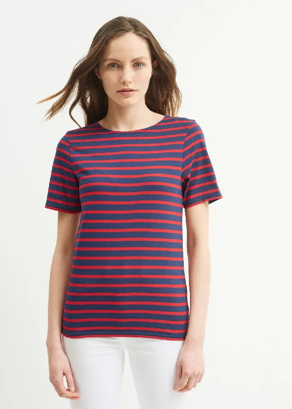 Embroidered Short Sleeve TopsLEVANT MODERN - Breton Stripe Short Sleeve Shirt | Soft Cotton | Unisex Fit (NAVY / RED)