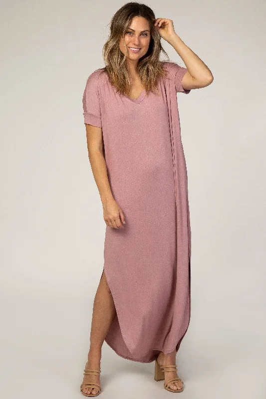 Off-Shoulder Short Sleeve TopsMauve V-Neck Short Sleeve Maxi Dress