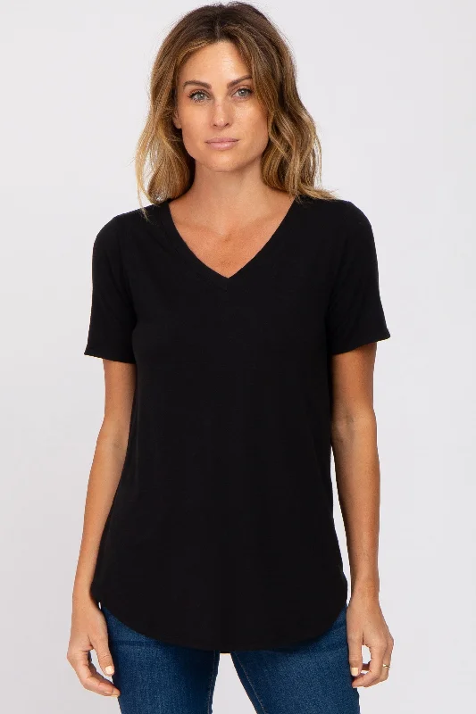 Plush Short Sleeve TopsBlack V-Neck Short Sleeve Round Hem Top