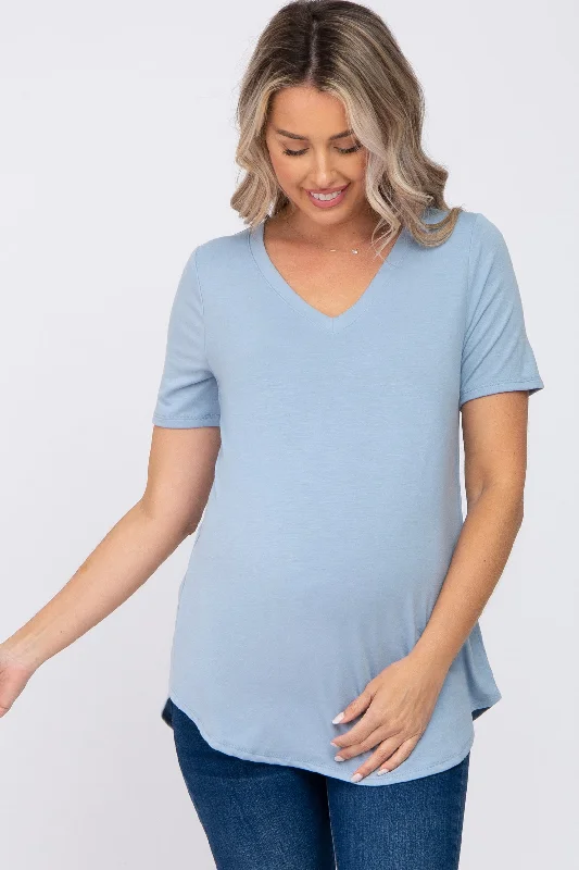 Running Short Sleeve TopsBlue V-Neck Maternity Short Sleeve Round Hem Top