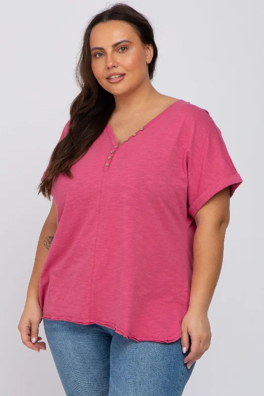 Streetwear Short Sleeve TopsMagenta Heathered Button Accent Short Sleeve Plus Top