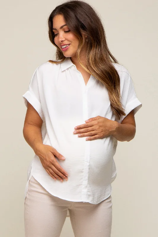 Retro Short Sleeve TopsWhite Satin Button Front Collared Short Sleeve Maternity Top