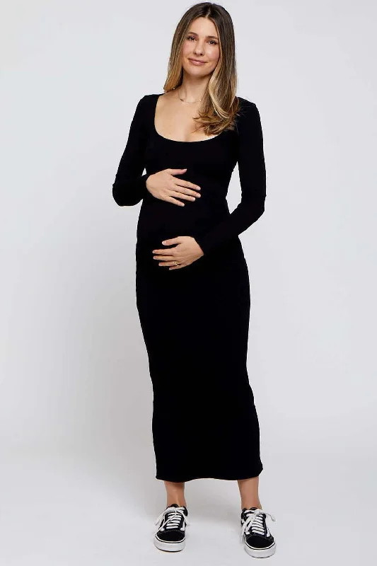 Striped DressBlack Ribbed Scoop Neck Maternity Midi Dress