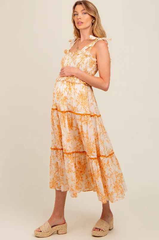 Crinoline DressPeach Floral Sleeveless Ruffle Tiered Maternity Midi Dress