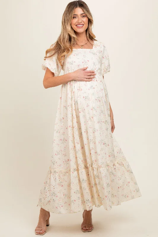 Slit DressIvory Floral Eyelet Puff Sleeve Maternity Maxi Dress