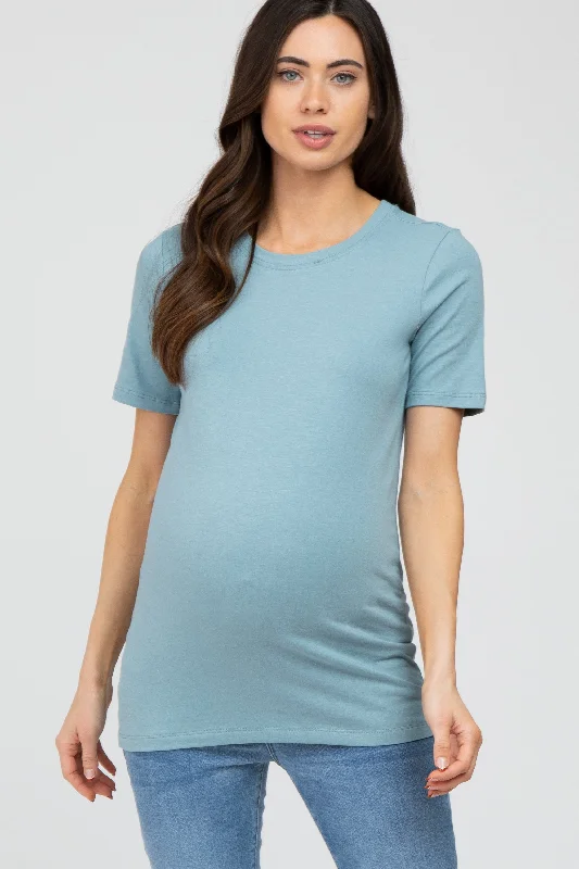 College Short Sleeve TopsBlue Crew Neck Short Sleeve Maternity Top