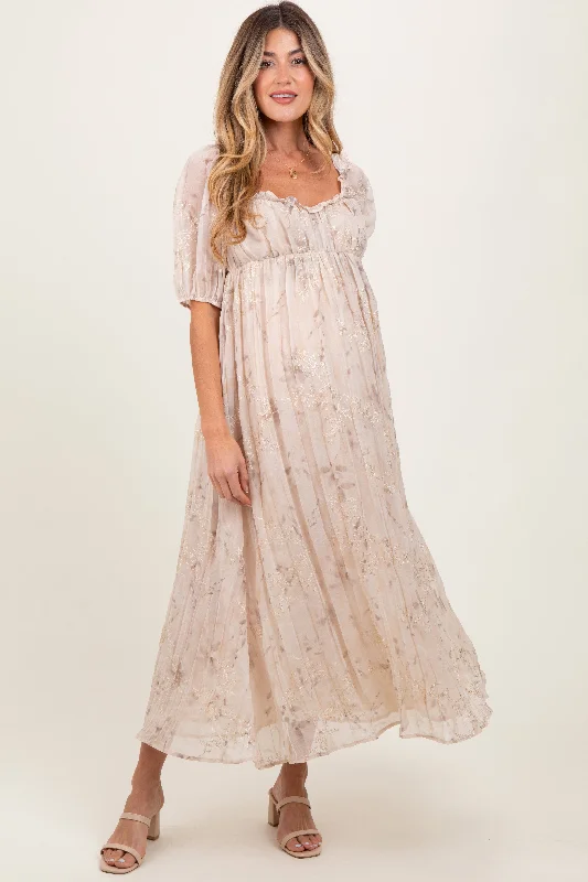 Military DressCream Floral Chiffon Embroidered Ruffle Trim Maternity Maxi Dress