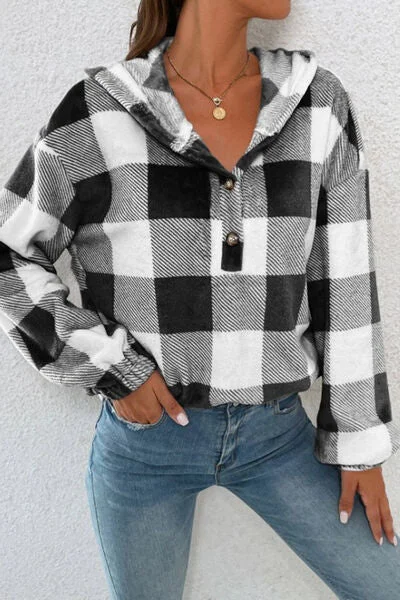 Plaid Quarter Button Dropped Shoulder HoodieBranded Sweatshirts