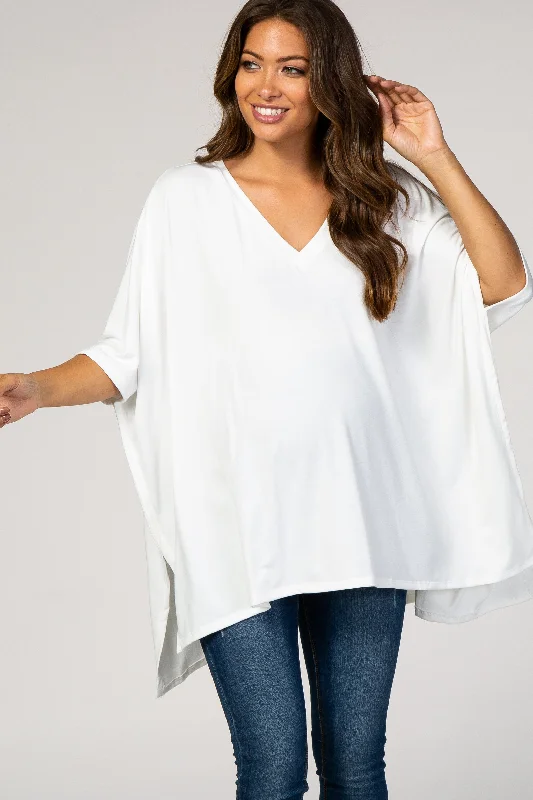 College Short Sleeve TopsWhite Hi-Low V-Neck Short Sleeve Maternity Top