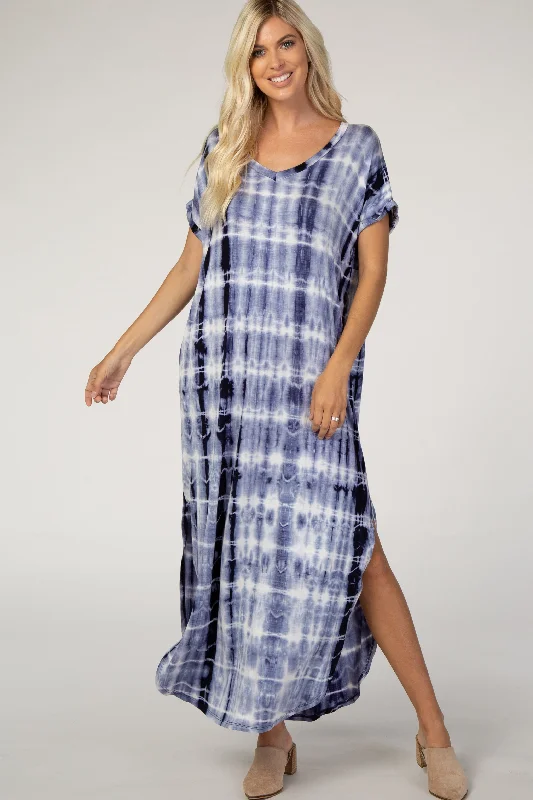 Punk Short Sleeve TopsNavy Blue Tie Dye Short Sleeve Maxi Dress