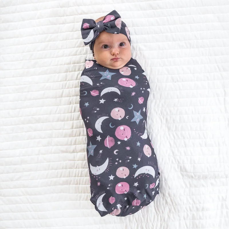 Pink To the Moon & Back Swaddle & Luxe Bow Headband Set