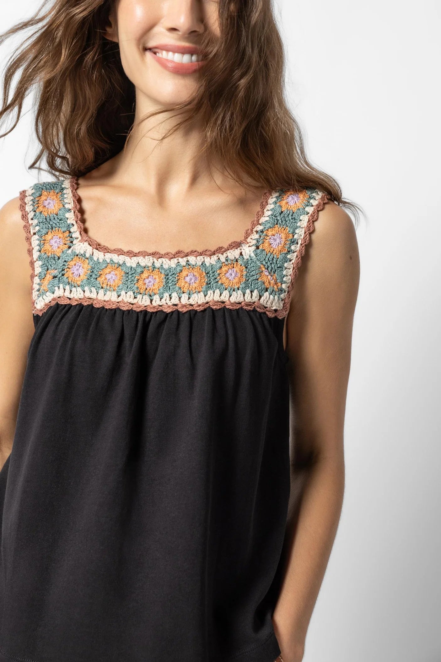 Running hoodieLilla P Crochet Trim Tank - Black Multi