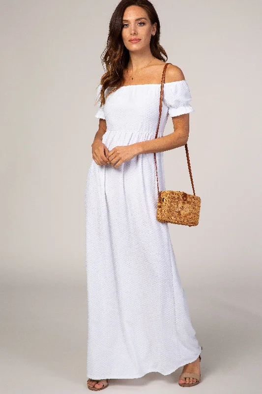 Hip-Hop Short Sleeve TopsPinkBlush White Off Shoulder Textured Polka Dot Short Sleeve Maxi Dress