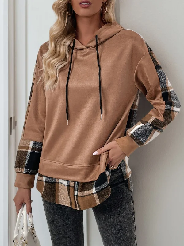 Perfee Drawstring Slit Plaid Long Sleeve HoodieColorblock Hoodies