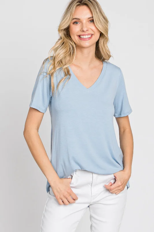 Camping Short Sleeve TopsBlue V-Neck Short Sleeve Round Hem Top