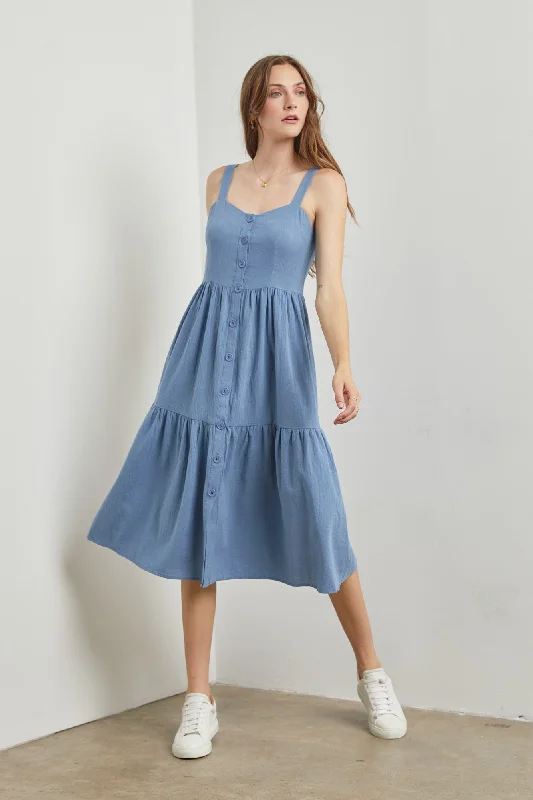 Ball DressBlue Sweetheart Neck Button Front Tiered Midi Dress