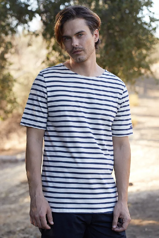 Recycled Fabric Short Sleeve TopsLEVANT MODERN - Breton Stripe Short Sleeve Shirt | Soft Cotton | Unisex Fit (ECRU / NAVY)