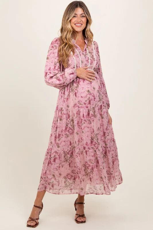 Kimono DressPink Floral Lace Trim Maternity Maxi Dress