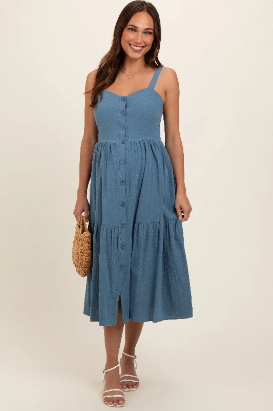 Cocktail DressBlue Sweetheart Neck Button Front Tiered Maternity Midi Dress