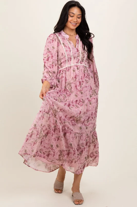 Kaftan DressPink Floral Lace Trim Maxi Dress