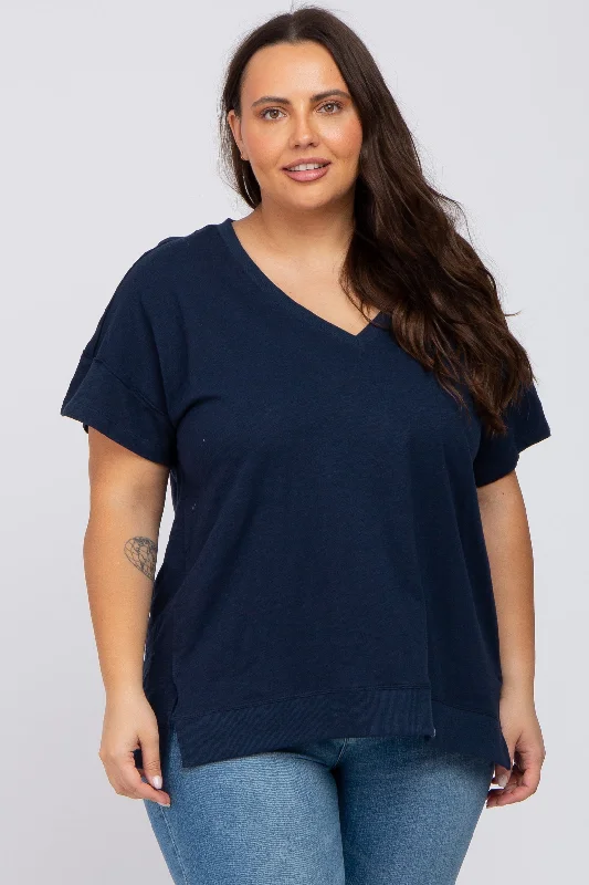 Quick-Dry Short Sleeve TopsNavy Blue V-Neck Short Sleeve Side Slit Plus Top