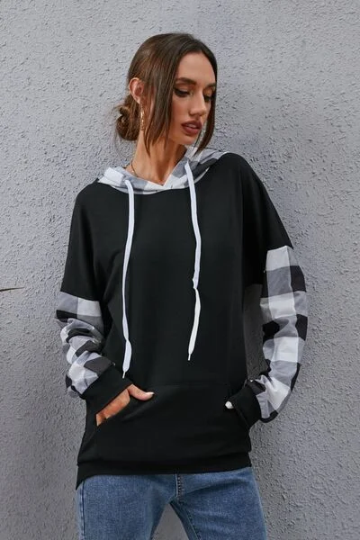 Plaid Drawstring Dropped Shoulder HoodieBeaded Sweatshirts